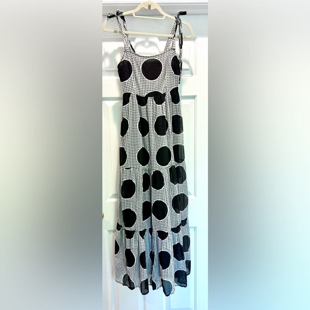 Carly Jean Los Angeles Natalie Polka Dot Maxi Dress Small Black White Tiered